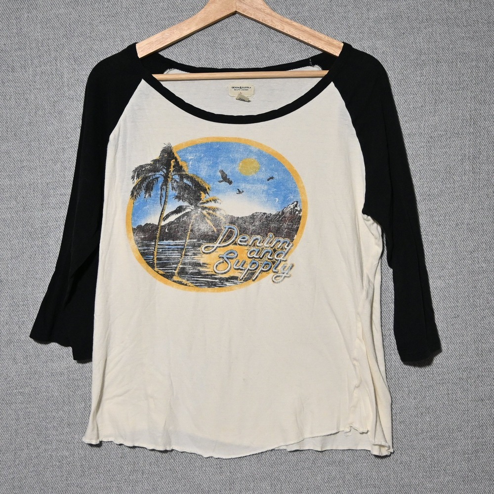 Denim & Supply Ralph Lauren Raglan Tee Womens Graphic 3/4 Sleeve L Ivory Black